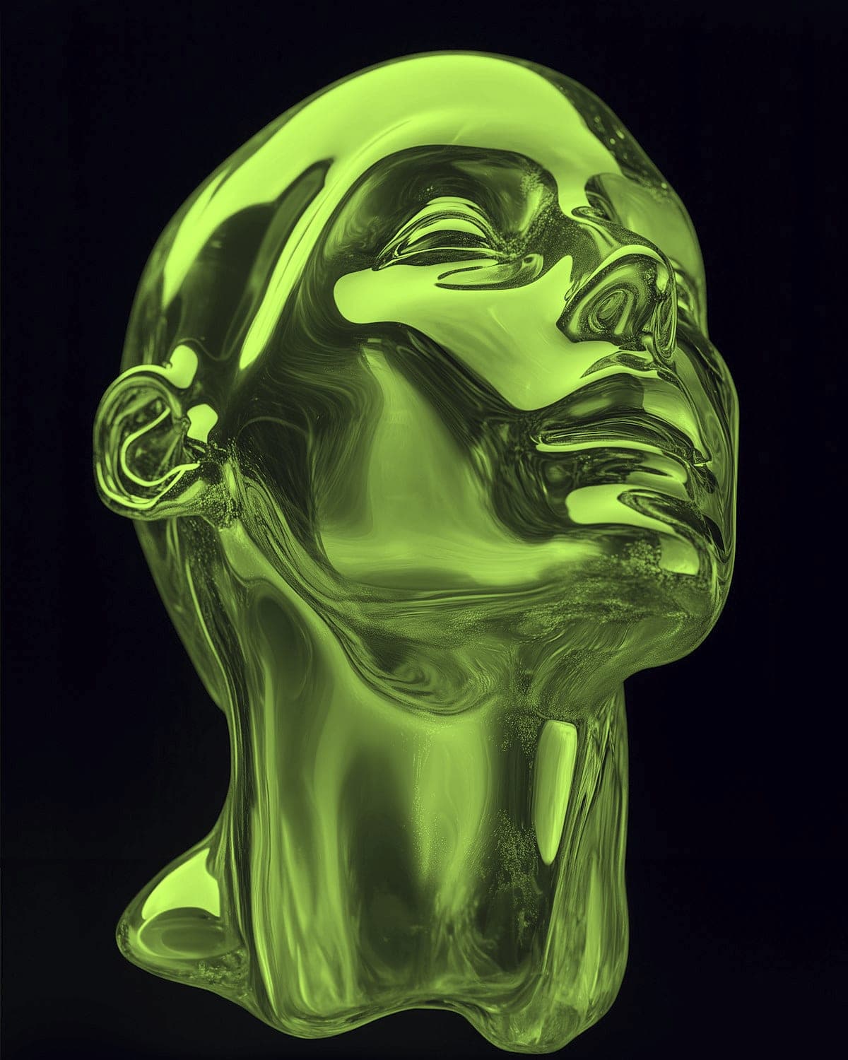 Escultura de una cabeza en vidrio, en duotono chartreuse sobre negro.